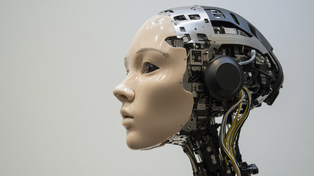 AI or artificial intelligence with the computer brain as a neural network. Programming and Deep machine learning of neural network. Robot Head with cybernetically mind. Abstract Interface elements.