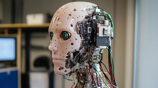 AI or artificial intelligence with the computer brain as a neural network. Programming and Deep machine learning of neural network. Robot Head with cybernetically mind. Abstract Interface elements.