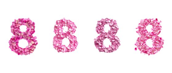 Pink petals floating around the number "8" on a white background.
