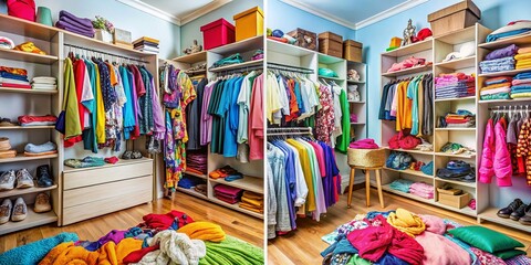 Naklejka premium Before & After Wardrobe Organization: Colorful Clothes & Accessories Transformation
