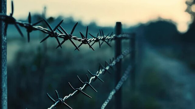 Barbed Wire's Edge: An evocative composition featuring sharp, rusted barbed wire fencing, hinting at borders, boundaries, and the challenges of security or confinement.
