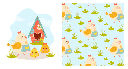 Vector illustration of a hen leading her chicks on a walk. The scene shows a cute family of birds amidst green plants. Includes a seamless pattern with cheerful yellow chicks.