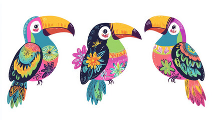 Naklejka premium Cartoon Mexican toucan birds vector design with traditional animals of Mexico. Exotic tropical jungle toucan or toucanet birds, beaks, tails and feathers with colorful ethnic floral ornaments