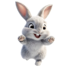 A Fluffy 3D Cartoon Rabbit with Oversized Ears Hopping Isolated on Transparent Background