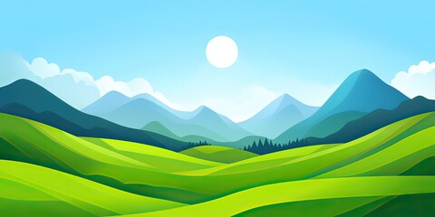Scenic Landscape with Green Hills, Mountains and Sky Vector Illustration