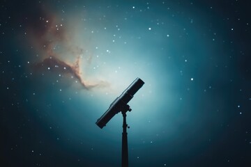 Naklejka premium telescope silhouette against vibrant galaxy-inspired background under studio lights