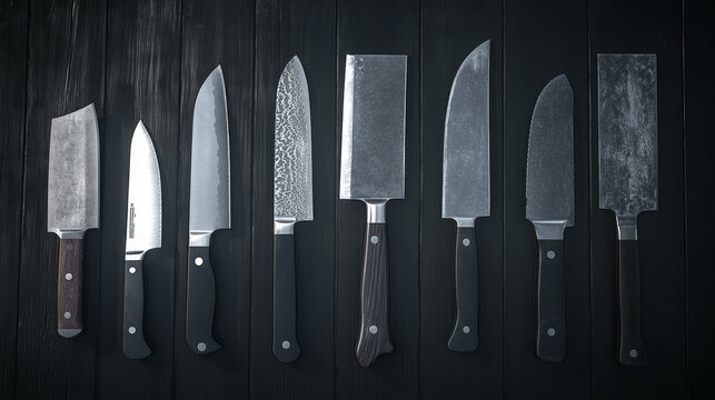 Kitchen knife types, vector realistic 3D isolated kitchenware mockup. Meat cutting hatchet, cleaver and butcher, axe and peeling knife of stainless steel with black handle, bread and barbecue knives