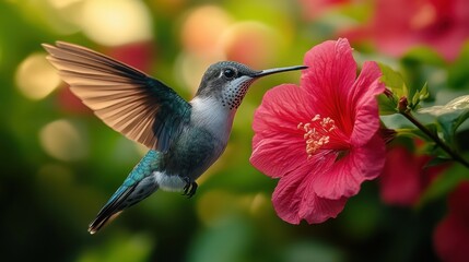 Fototapeta premium Hummingbird Hovering Near Vibrant Red Flower. Generative AI