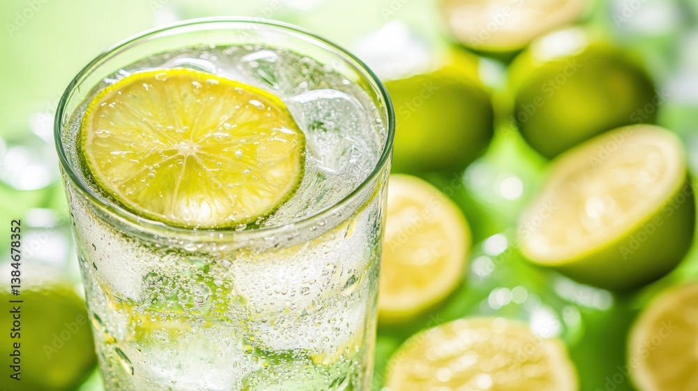 Poster Refreshing lemonade drink with ice and lime in bright summer setting