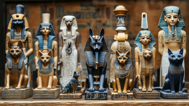 Ancient Egypt vector sketches of religion, travel symbols. God Anubis, pharaon pyramids and sphinx, ankh, mummy and Horus eye, scarab, Tutankhamun, black cat, dog and Nefertiti, heron, falcon, camel