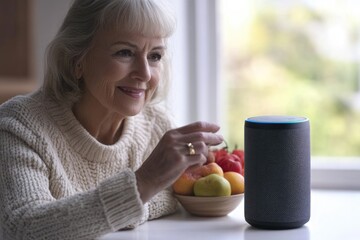 An elderly woman uses a smart speaker, a bowl of fruit sits nearby.