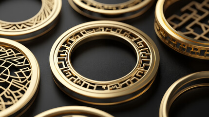 Round circle asian frames. Japanese, korean and chinese borders. Oriental decorative frames set with geometric line ornaments, vector vintage borders with golden endless knot patterns