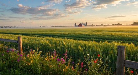 Fototapeta premium Wheat Field with Flowers and Red Barn at Sunrise in Countryside