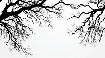 Illustration Design Element for Presentation Background featuring abstract tree branch designs, in monochrome black and white,
