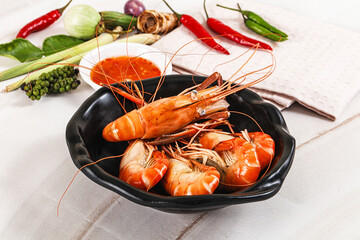 Boiled tiger prawn with sauce