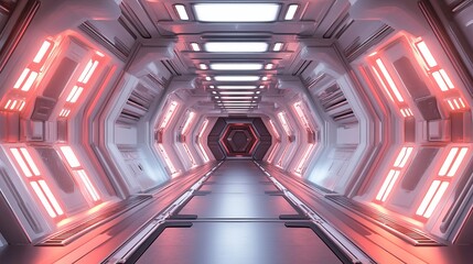 Futuristic corridor with red lighting and hexagonal end point in a spaceship interior design