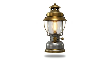 Antique kerosene lamp illuminating the past isolated on a clean background