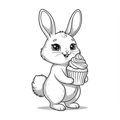 Obraz premium A cute cartoon bunny stands joyfully holding a cupcake with swirled icing.
