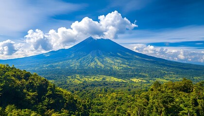 Fototapeta premium Majestic Volcano Surrounded by Lush Green Landscape and Clouds