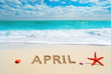 A serene beach scene with the word "april" written in the sand against turquoise ocean waves and scattered starfish