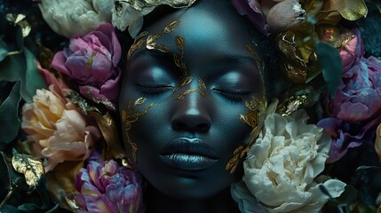 Dark Beauty: Woman's Face Adorned with Gold and Flowers