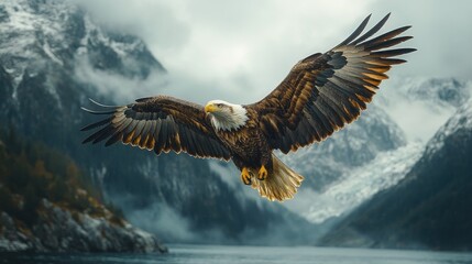Obraz premium Majestic Eagle Soaring Above Mountainous Landscape. Generative AI