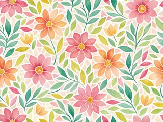 A vibrant and cheerful seamless pattern featuring flowers and leaves in soft, pastel colors, like peach, pink, orange, and yellow.