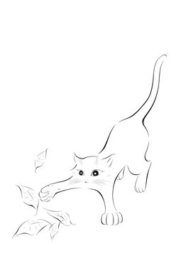 Outline of a cat playing with leaves.
