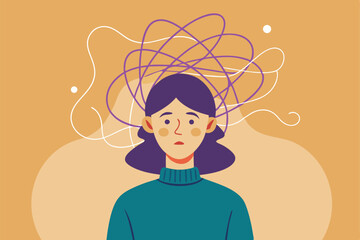 Anxious Woman With Tangled Thoughts, Depression and Mental Health on Peach Background