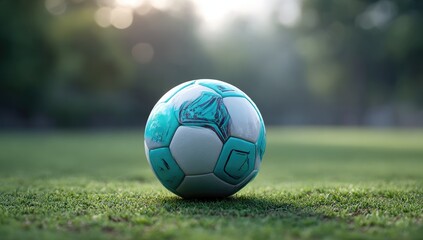 Fototapeta premium Soccer Ball On Grassy Field Under Soft Sunlight