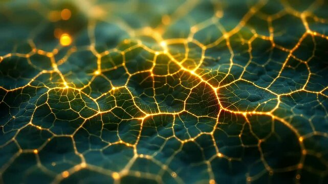 Closeup of a spiderweb's intricate net pattern with dew drops on a green leaf, a macro view of nature's design