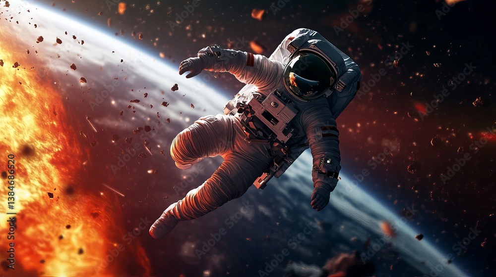 Wall mural an astronaut floating in space with debris and a planet on fire in the background view from space