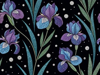 A sophisticated, repeating pattern featuring detailed iris flowers in shades of purple and blue, accented with sparkling glitter.