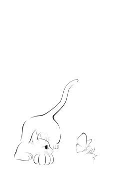 Outline of a cat watching a butterfly.