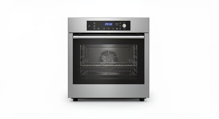 Sleek built-in oven with stainless steel finish isolated on white backdrop