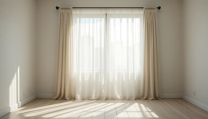 Obraz premium Sunlit window with transparent curtains in an empty room with wooden floor