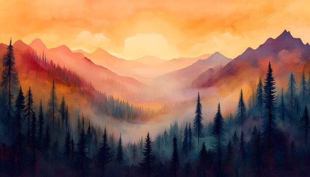 Serene Watercolor Landscape with Mountains and Pine Trees at Sunset