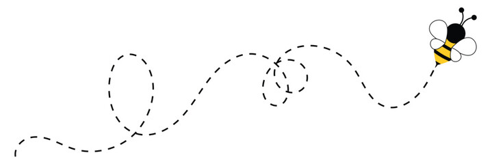 Bee flying icon set. Bee flying on a dotted path isolated on the white background. Bee flying in different style vector illustration.