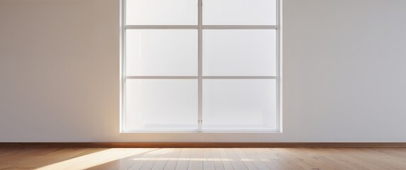 A large window in a white room with a wooden floor.