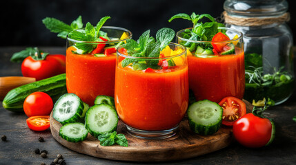 Menu of tomato, Fresh tomato and cucumber drinks garnished with herbs in glasses on a wooden board.