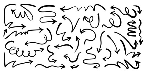 Wobbly Hand drawn Arrows with Squiggle Curvy Lines and Loops. Set of doodle arrow icons. Collection of sketchy hand free curved lines and pointers