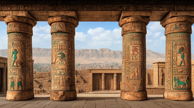 Ancient Egyptian temple columns.  View of a colonnaded temple complex.  Carved hieroglyphics adorn the pillars.  Vast desert landscape stretches beyond