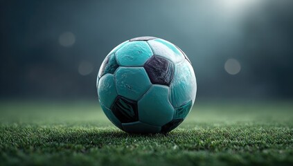 Fototapeta premium Teal Soccer Ball On Grassy Field Under Stadium Lights