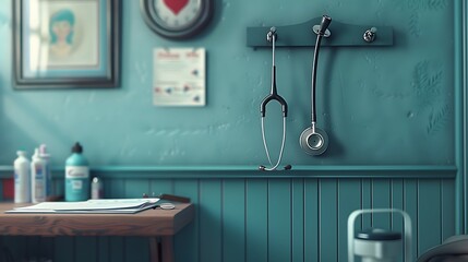 Cozy Doctor's Office Interior with Stethoscope, Desk, and Medical Equipment
