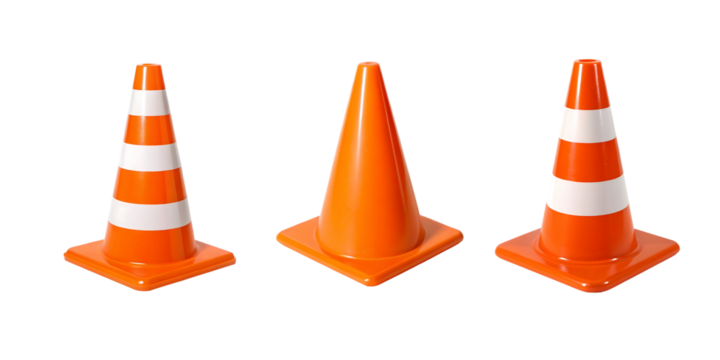 Three Orange Traffic Cones with Reflective Stripes on a transparent Background

