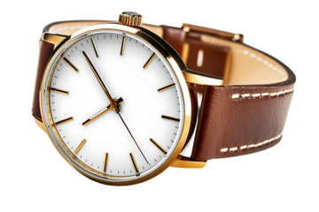 Classic Gold-Tone Wristwatch with Brown Leather Strap, Angled View