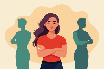 Confident Woman with Arms Crossed Standing by Silhouettes on Beige Background
