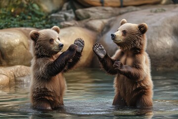 Obraz premium Young brown bear cubs explore their surroundings while playing in a serene water setting, Young Brown Bear cubs inquisitive of their surroundings