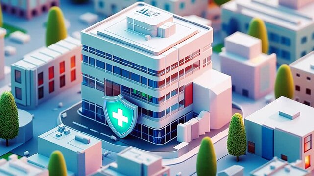 Stylized Isometric Hospital Building with Protective Shield in a Quaint Urban Setting