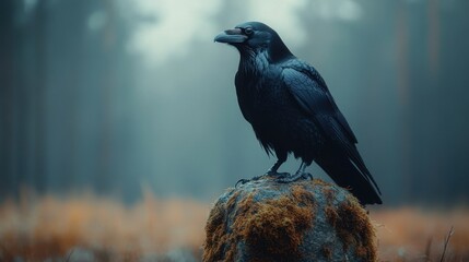 Mysterious Raven in Foggy Forest. Generative AI